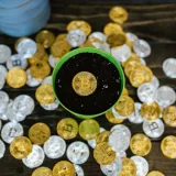 Una creativa composición de bodegón con monedas de bitcoin en una maceta, que simboliza el crecimiento y la inversión.