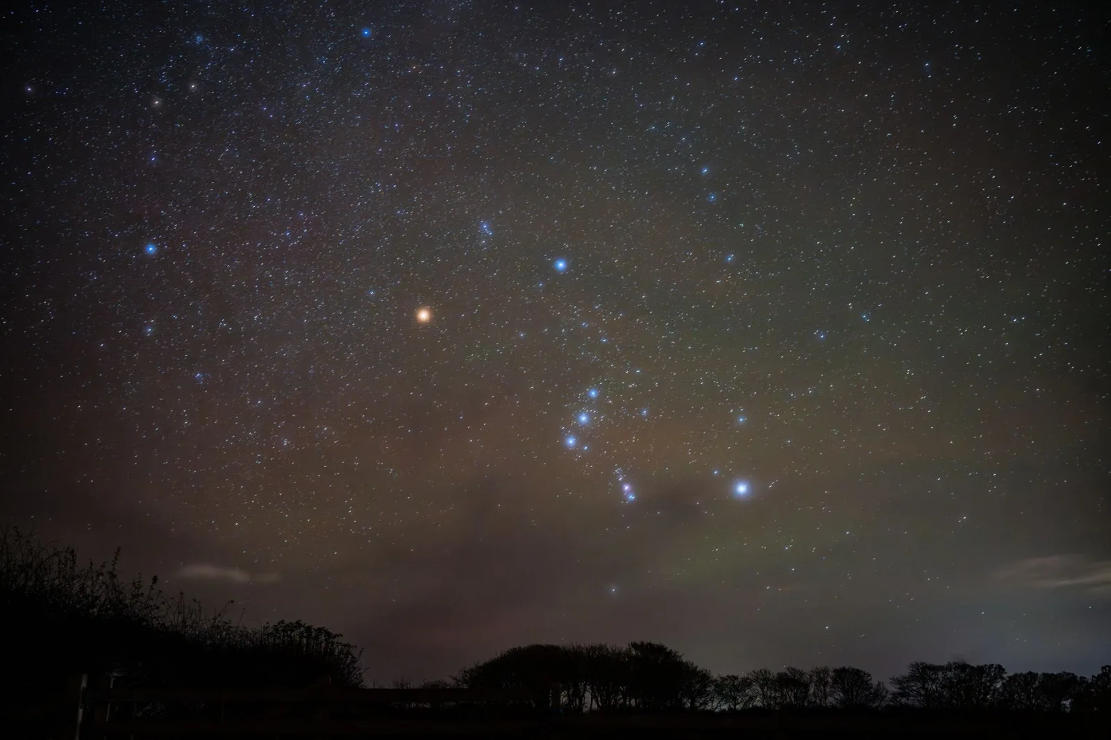 Hermosa captura de la constelación de Orión bajo el cielo nocturno, que muestra un impresionante conjunto de estrellas.