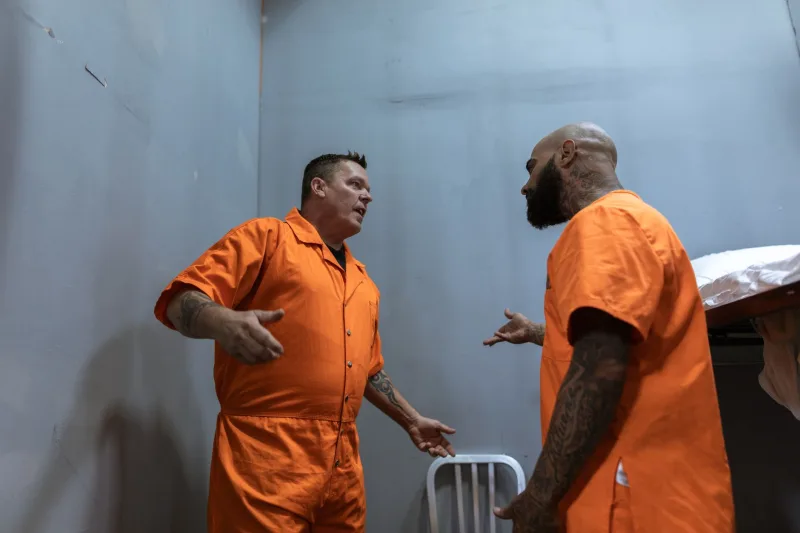 Two male prisoners in orange jumpsuits talking inside a prison cell.