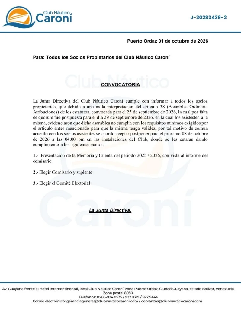 Club Náutico Caroní convoca a nueva asamblea para el 8 de octubre