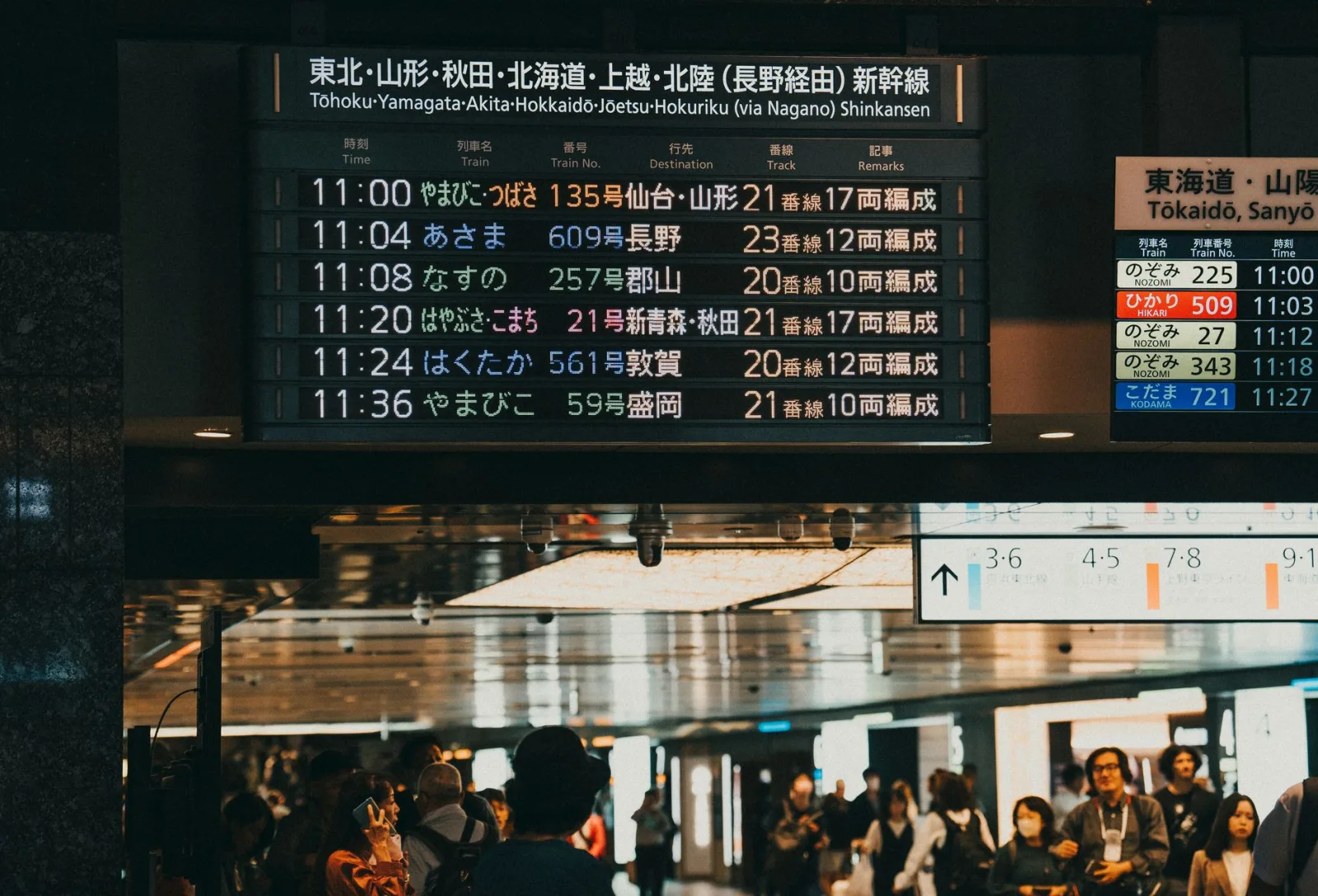 Estación de tren concurrida en Japón con un panel digital de salidas que muestra los horarios.