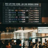 Estación de tren concurrida en Japón con un panel digital de salidas que muestra los horarios.