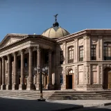 Exterior view of the historic Teatro de la Paz in San Luis Potosi, Mexico, showcasing its neoclassical architecture.