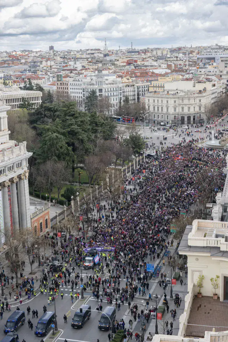 Aerial view of a large demonstration at Plaza de Cibeles, Madrid, Spain, showcasing urban architecture and civic engagement.