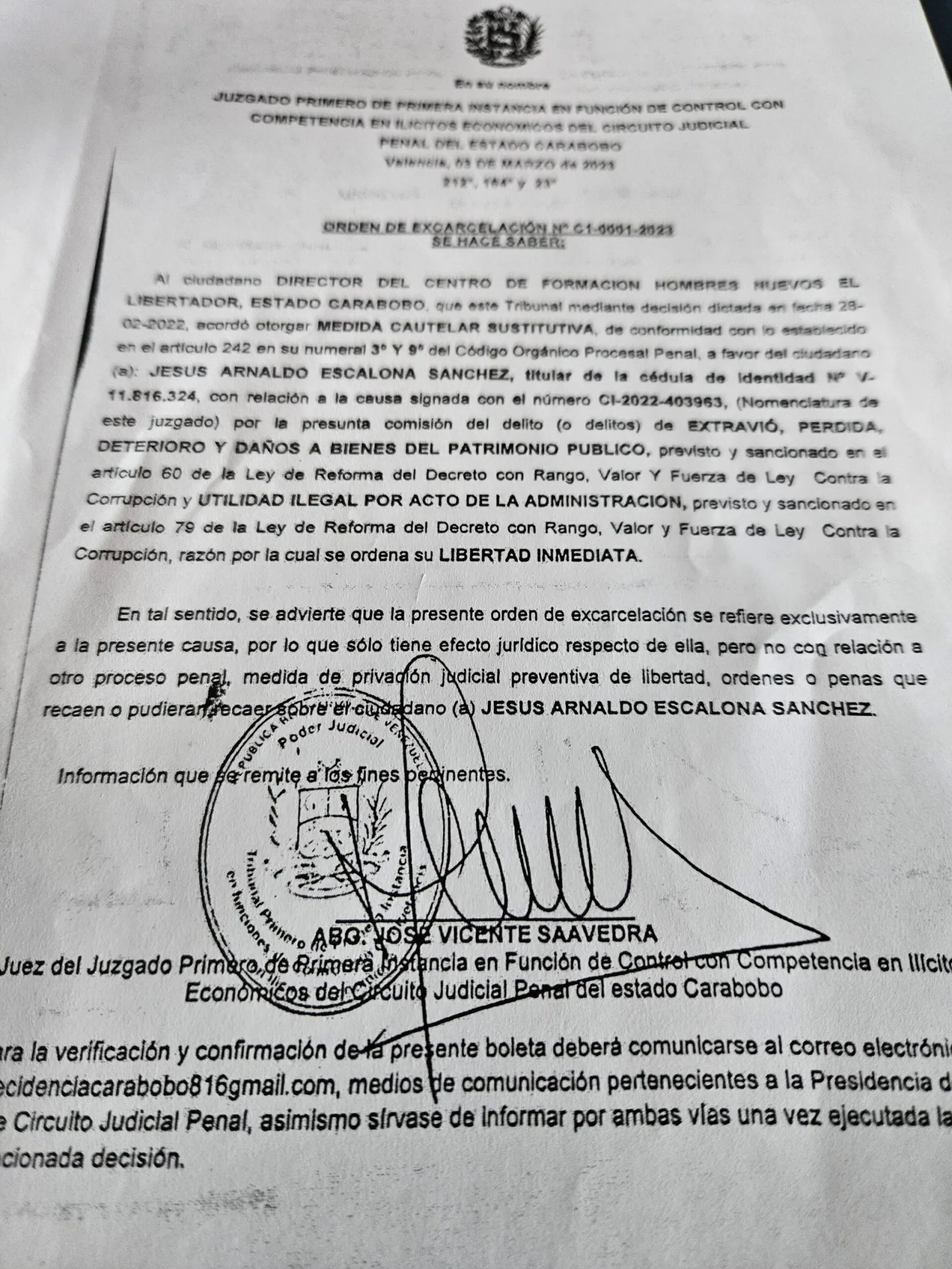 Denuncian que no le paran a boleta de excarcelación