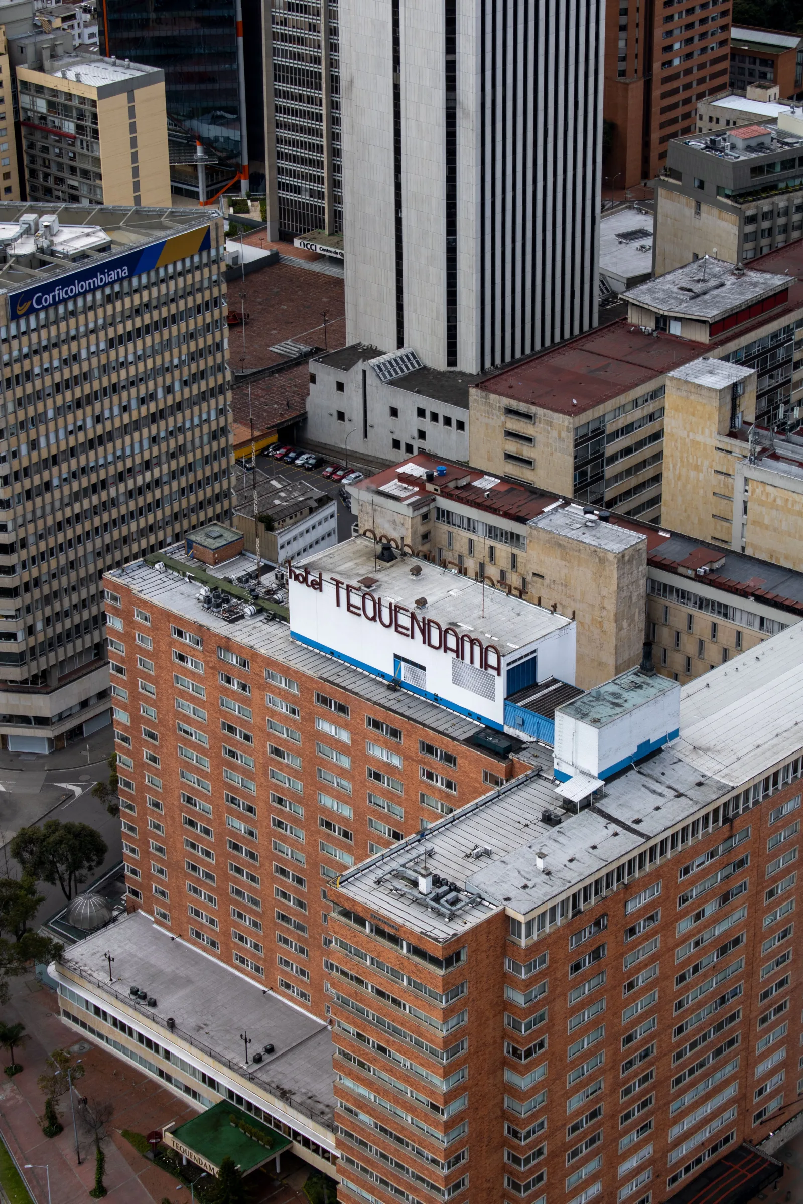 Aerial shot of Hotel Tequendama and cityscape of Bogotá, Colombia.