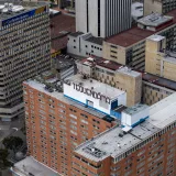 Aerial shot of Hotel Tequendama and cityscape of Bogotá, Colombia.