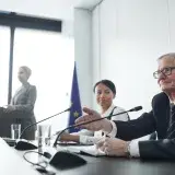 Panelists at an EU conference discussing law and diplomacy.