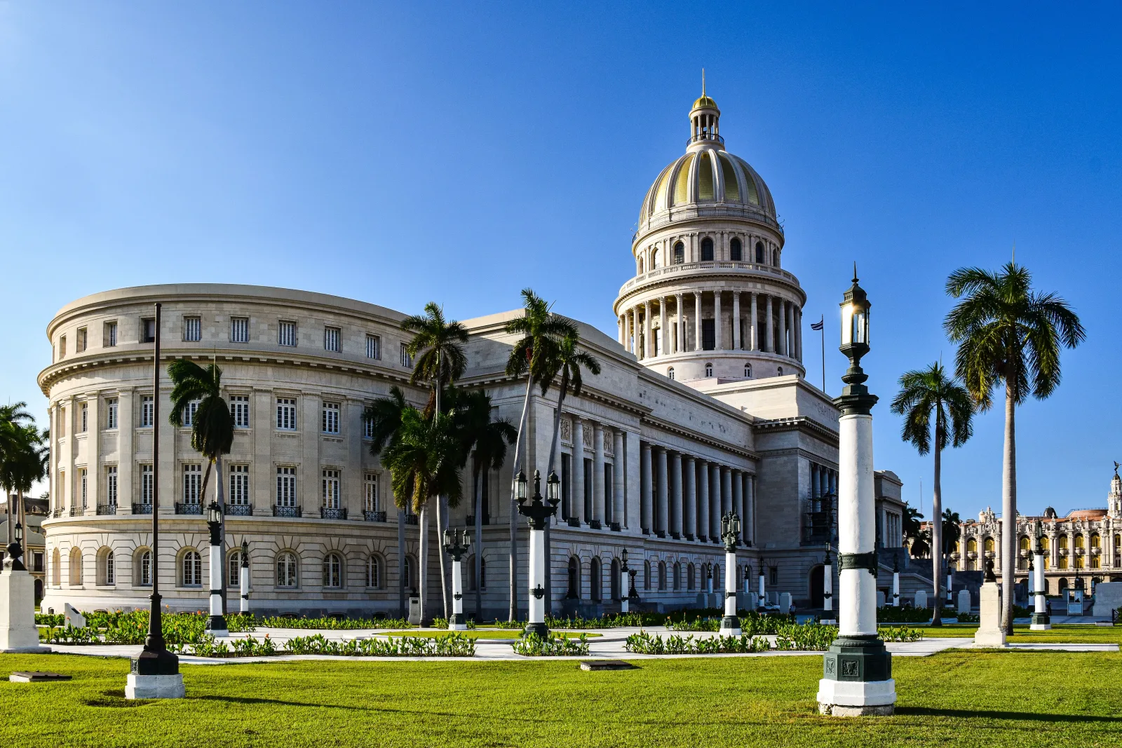 Scenic view of the El Capitolio framed by palm trees in Havana, Cuba.