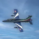 An aerobatic jet displaying impressive maneuvers in the clear blue sky over San Javier, Región de Murcia, España.