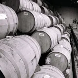 Row of wooden aging barrels inside a distillery in Tequila, Mexico.