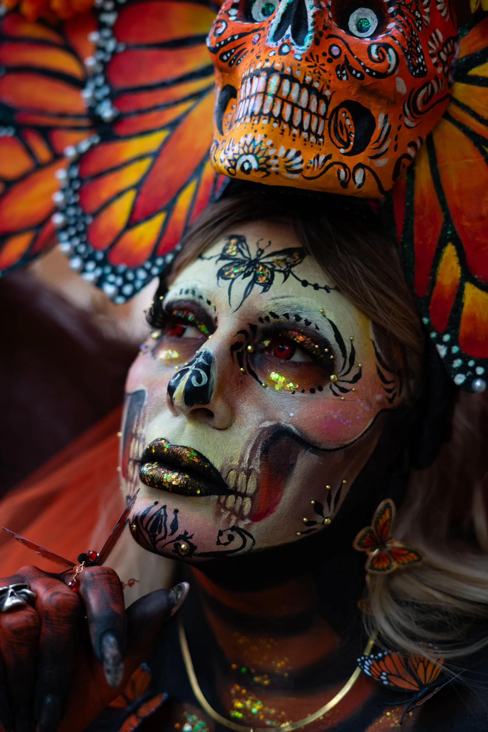 Vibrant face painting inspired by Dia de los Muertos in Mexico City.