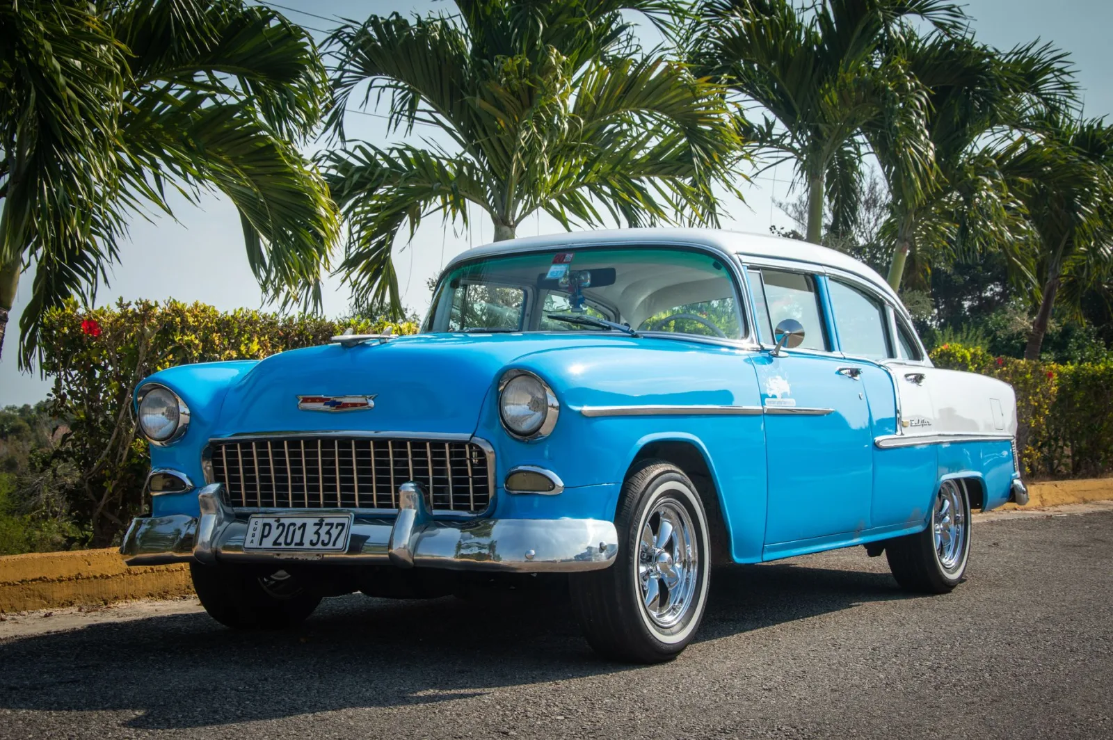 Hermoso coche Chevrolet vintage azul estacionado bajo palmeras en un día soleado.