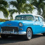 Hermoso coche Chevrolet vintage azul estacionado bajo palmeras en un día soleado.