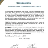 Banco Caroní convoca a accionistas a asamblea extraordinaria 17/11