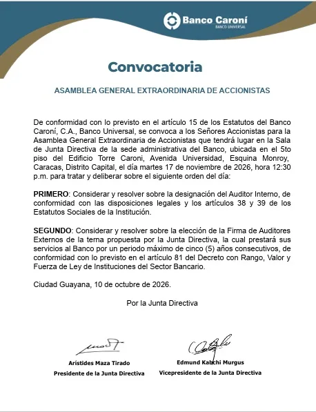 Banco Caroní convoca a accionistas a asamblea extraordinaria 17/11