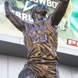 Statue of legendary basketball player Kareem Abdul-Jabbar at the Lakers' home in Los Angeles.