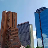 Skyscrapers of Bogotá including iconic Davivienda and Bancolombia buildings.