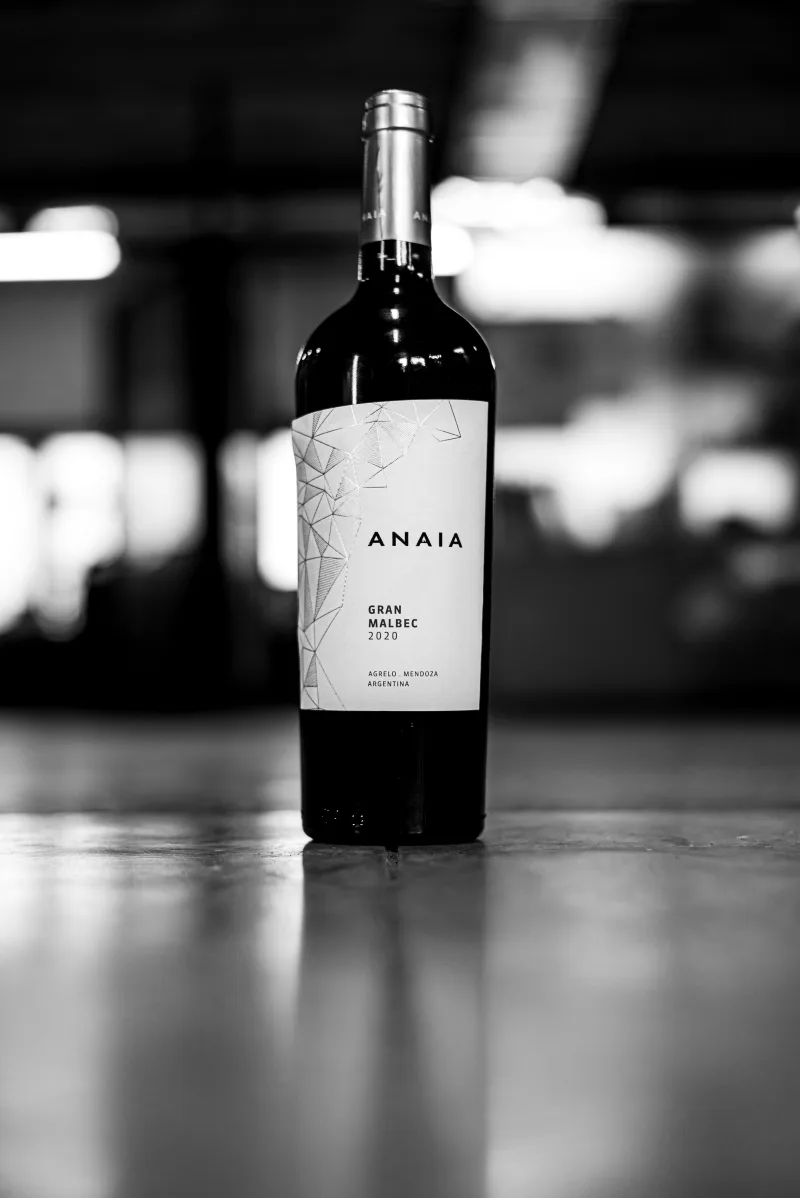 Fotografía estilizada en blanco y negro de una botella de vino tomada en Buenos Aires, Argentina.
