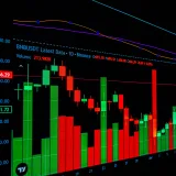 Visualización detallada del gráfico de la criptomoneda BNBUSDT con indicadores de volumen en una plataforma de trading.