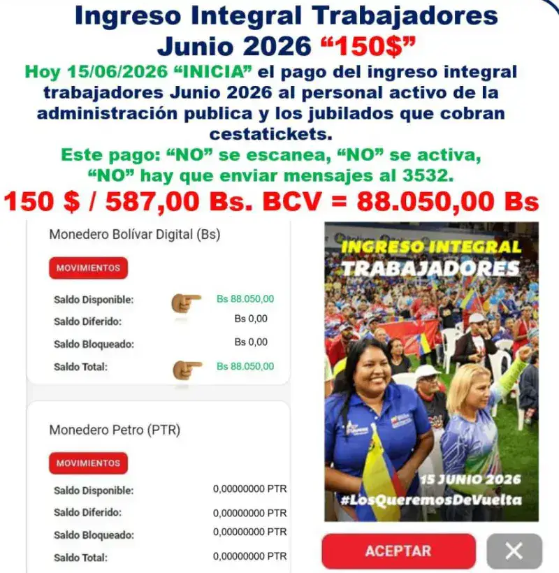 Pagan el Ingreso Integral de Trabajadores por 88.050 bolívares en junio