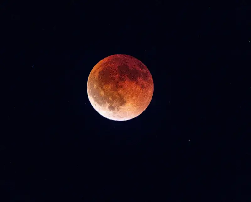 Capture of a total lunar eclipse displaying the moon in a striking red hue against a dark night sky.