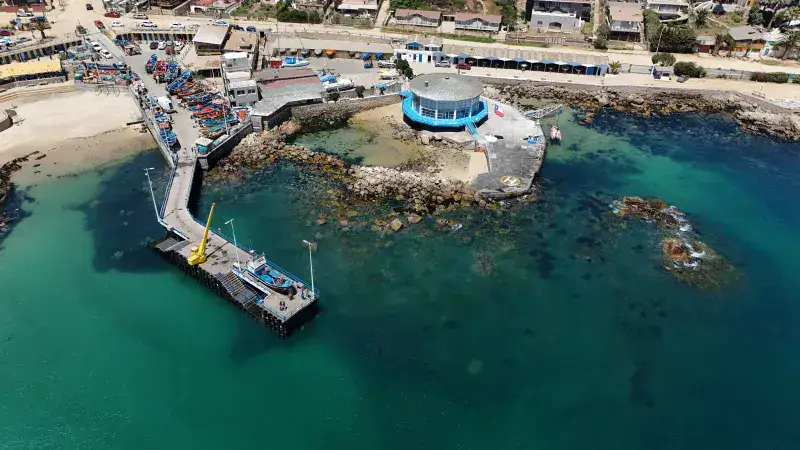 Aerial photograph of Algarrobo pier with fishing boats and coastal buildings, showcasing the vibrant coastal scene in Chile.