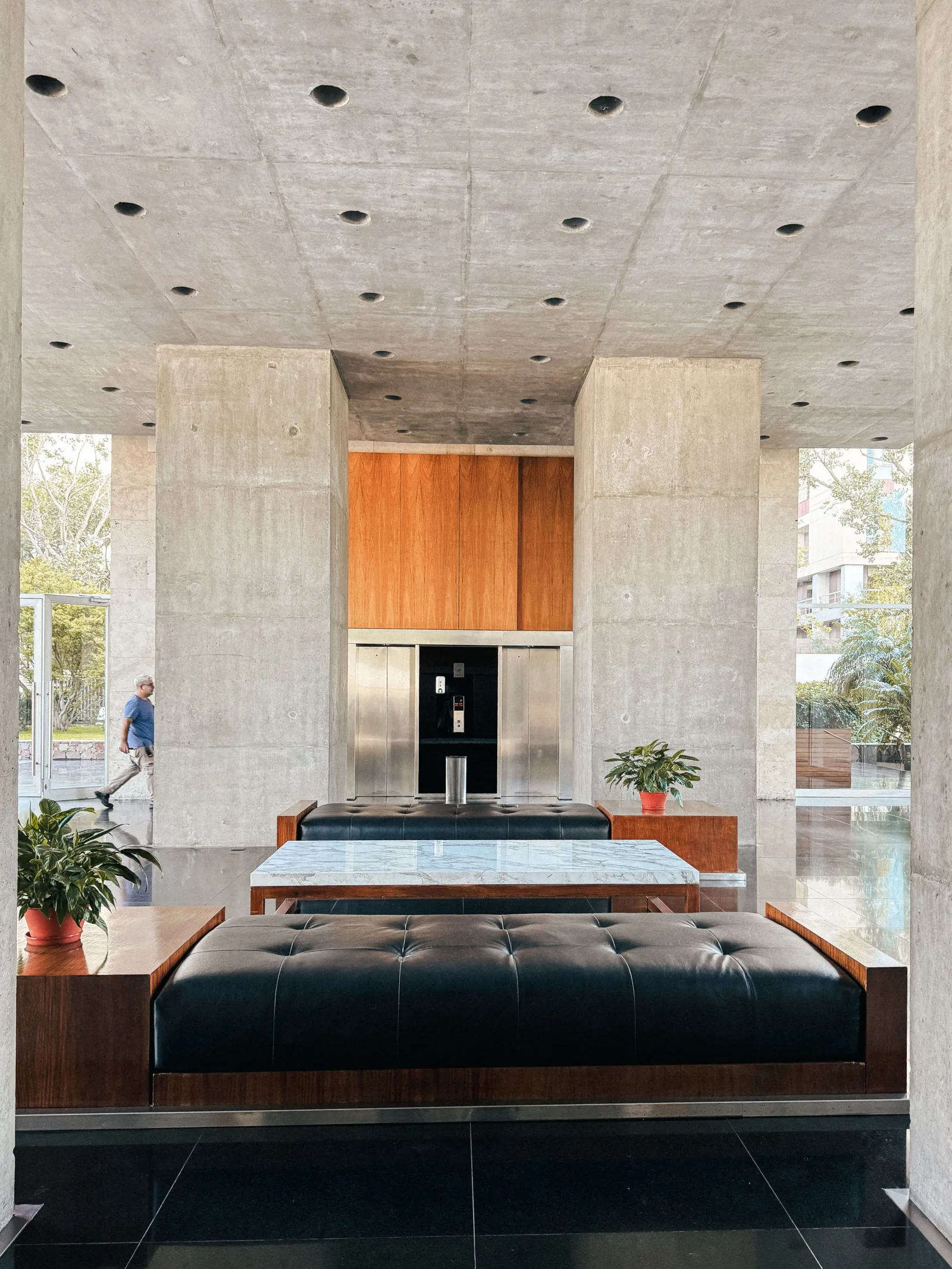Lobby contemporáneo con muebles modernos y plantas en un edificio de Buenos Aires.