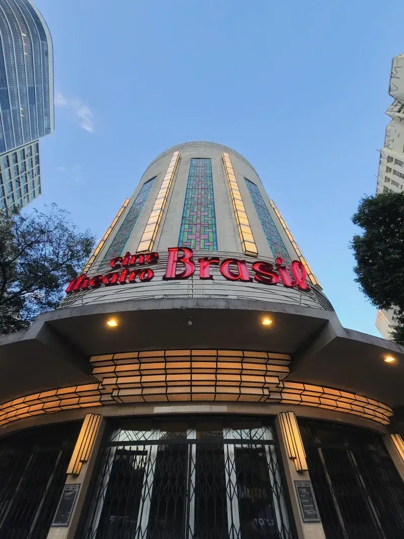 Vertical shot of Cine Theatro Brasil under a clear sky in Belo Horizonte, Brazil.