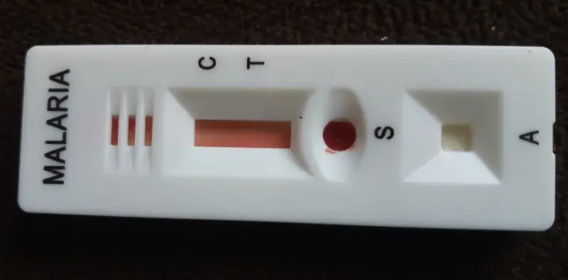File:Dispositif de test de dépistage rapide résultat positif pour le paludisme(malaria) 01.jpg