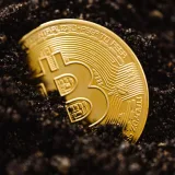 Bitcoin dorado parcialmente enterrado en suelo oscuro, simbolizando el crecimiento de la inversión.