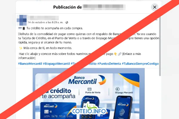 Falsa publicación suplanta al Banco Mercantil en Facebook