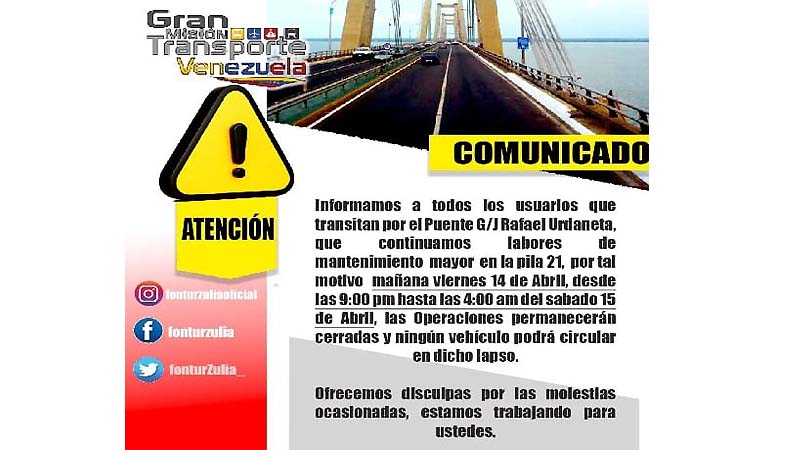 
				Cerrarán nuevamente el puente desde las 9:00 pm del 14-A hasta las 4:00 am del 15			