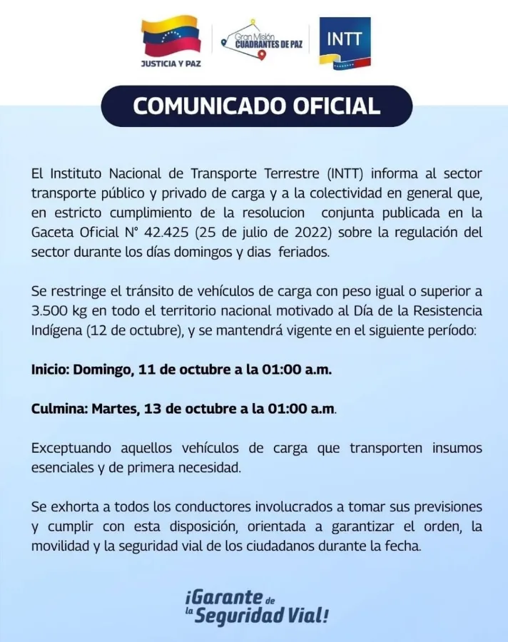 INTT limita el tránsito de carga pesada por 48 horas